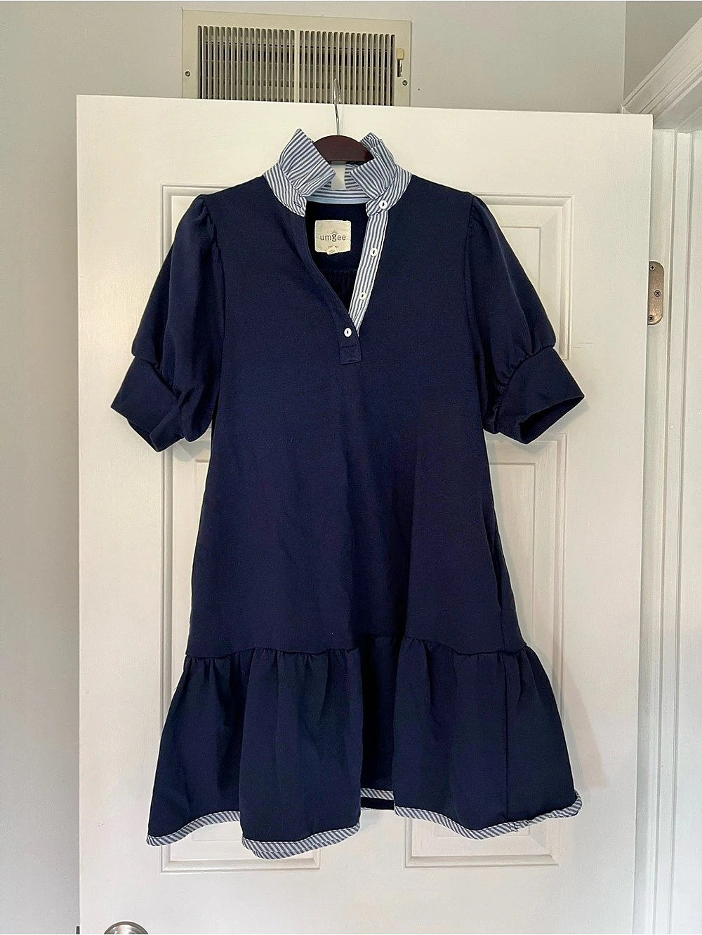 umgee Ruffle Collar Stripe Trim Dress Mini Blue & White Small